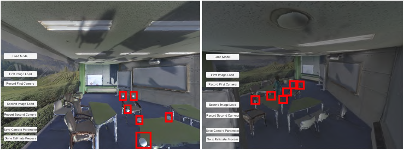(왼쪽) 3D 모델에서의 점 선택，(오른쪽) 2D 영상에서의 corresponding 점 선택.