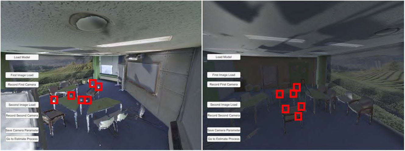 (왼쪽) 3D 모델에서의 점 선택，(오른쪽) 2D 영상에서의 corresponding 점 선택.