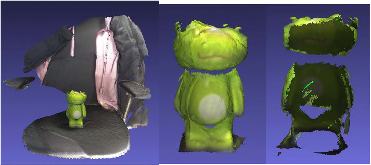 (왼쪽) 배경이 있는 곳에서 물체(개구리 저금통)를 놓고 찍은 모습，(가운데) 스캔 결과물 의 앞모습，(오른쪽) 스캔 결과물의 뒷모습