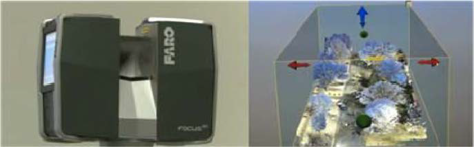 Faro Technology의 (좌)3차원 스캐너와 (우)스캐닝 된 3차원 공간.