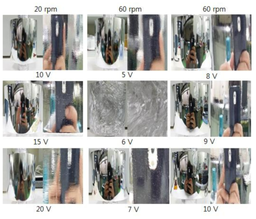60 rpm과 20 rpm에서 인가 전압에 따른 전해연마 표면의 형상 변화.