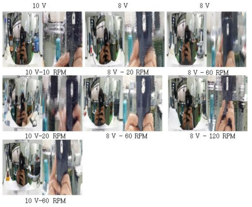 8 V와 10V에서 롤의 회전속도에 따른 전해연마 표면의 형상 변화.