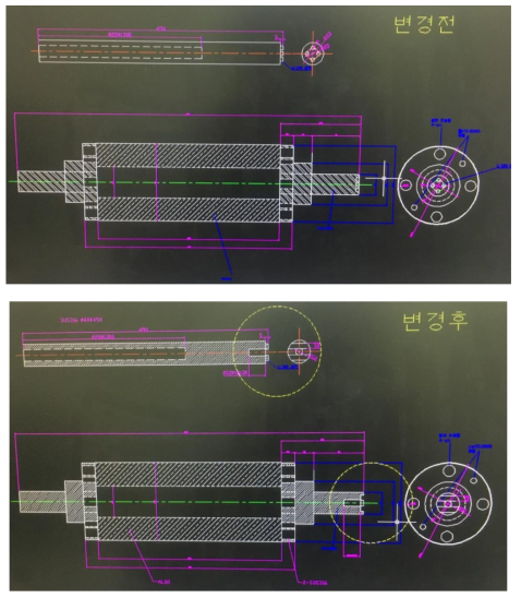 대형 롤 전해연마장치에 사용되는 알루미늄 롤 세트와 독립된 샤프트. 위 그림은 초기 version이고 아래 그림은 최종 version 이다.