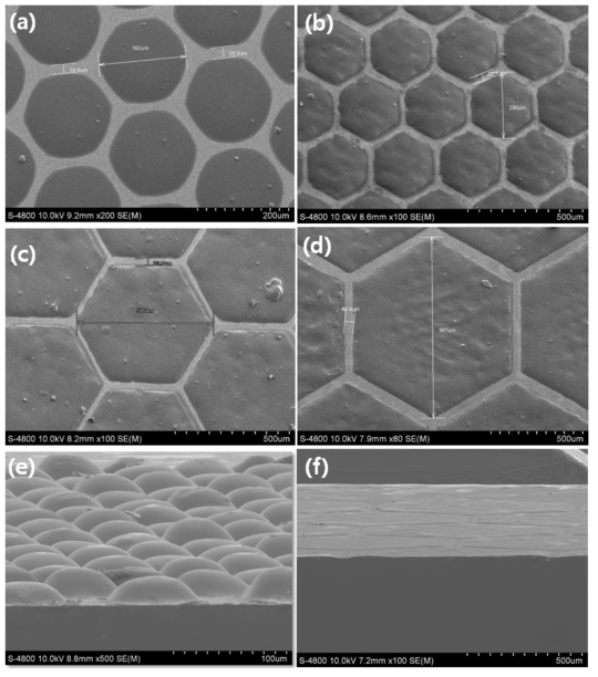 패턴 광전극의 주사전자현미경 (이하 SEM) 관찰 결과. (a)~(d) 패턴 크기에 따른 편면 SEM 관찰 결과. (e), (f) 단면 SEM 관찰 결과