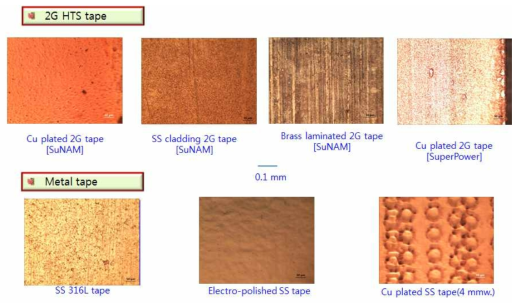 본 연구에 사용한 2세대 고온초전도 선재와 금속 테이프들의 표면 사진들