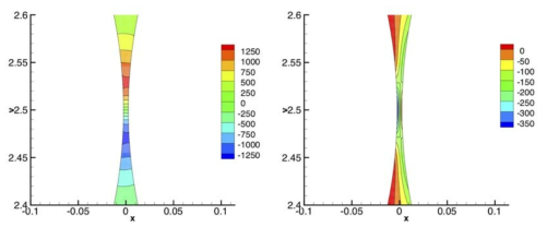실린더 사이의 거리가 0.005일 때의 실린더 사이의 압력(왼쪽)과 와도(오른쪽)