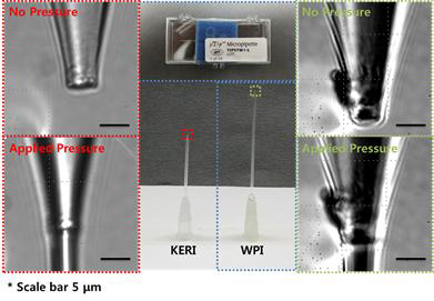 KERI 노즐(왼쪽)과 WIP 노즐(오른쪽)의 물 토출 실험