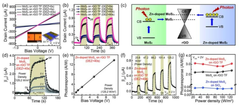 (a) 출력 커브와 (b) 1V에서 rGO 박막에서 성장한 MoS2 및 Zn 도핑된 MoS2나노 시트를 기반으로 한 소자의 주기적인 광특성 비교. (c) Zn 도핑된 MoS2-rGO 박막의 메커니즘을 제시하는 밴드 다이어그램. (d) 125.2W/m2의 출력 밀도를 갖는 할로겐 램프로 조사 된 다양한 바이어스 전압 하에서 Zn- 도핑 된 MoS2 및 rGO 박막을 기반으로 하는 광 검출기의 광전류. (e) 바이어스 전압의 함수로서 Zn 도핑 된 MoS2및 rGO 박막을 기반으로 하는 광 검출기의 광 응답. (f) 광세기에 따른 광전류. (g) MoS2-rGO 박막 (흑색), Zn 도핑된 MoS2-rGO 박막 (적색) 및 Zn 도핑된 MoS2층 (청색)에 기초한 광 검출기의 광 응답 특성.