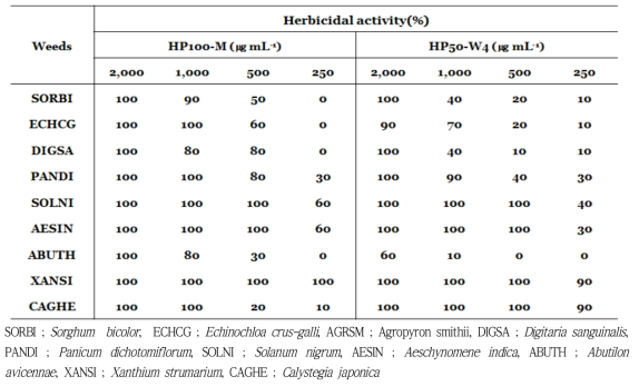 유효 활성물질 334-HP100-M과 HP50-W4의 제초활성 비교