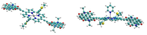 최적화된 포피린 화합물의 구조(왼쪽), pyridine과의 상호작용하는 모습(오른쪽)
