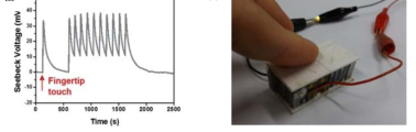 (a) 별도의 냉각장치 없이 손가락 터치에 따른 출력전압 변화, (b) 집적화된 수직형태의 열 전소자에 손가락 터치 사진
