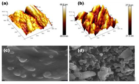AFM 3D height profile of C60 polymer photocatalyst (a) and C60 monomer (b). FESEM images of C60 polymer photocatalyst (c) and C60 monomer (d).