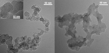 HRTEM images of C60 monomer (left) with inset showing characteristics circular rings of fullerene and C60 polymer photocatalyst (right).