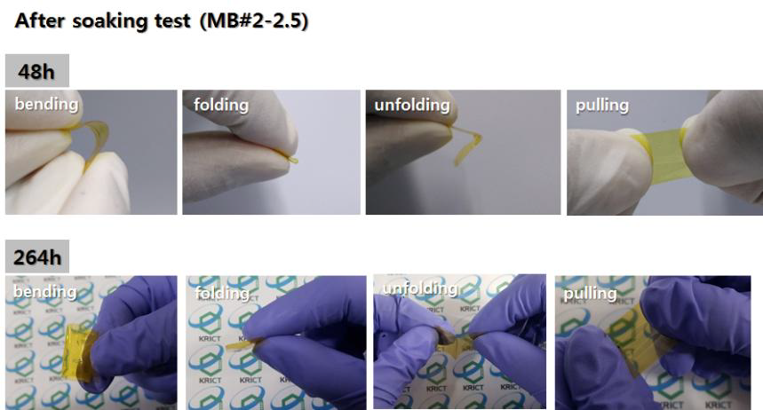 Soaking test 후 MB#2-2.5의 bending, folding, pulling test 비교