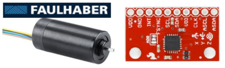 Faulhaber 사의 1226-012B 스텝모터 (왼쪽)과 SparkFun 사의 MPU-6050 3축 가속계 및 자이로 센서 (오른쪽)