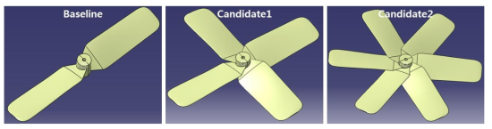 기본형상과 Candidate1, 2의 전체 프로펠러 형상