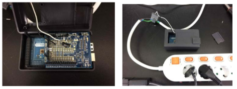 Arduino에 전류 센서를 연결한 모습(좌), 멀티탭에 집게형 센서를 체결한 모습(우)