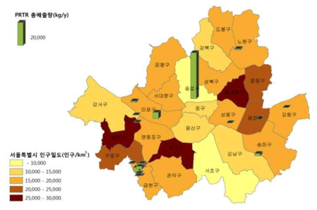 서울시 구별 인구밀도와 유해화학물질 배출량(2013년 PRTR)