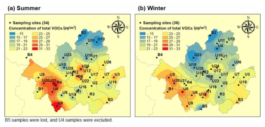 여름과 겨울기간의 ∑58 VOCs 농도에 대한 지리적 분포