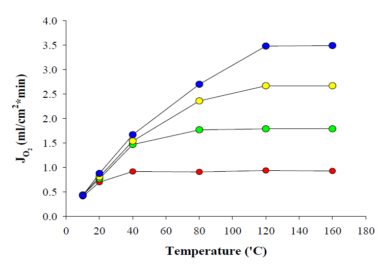 SDC-SSCF Coated BSCF 중공사막 (5회 코팅) 이산화탄소 조건 산소투과도