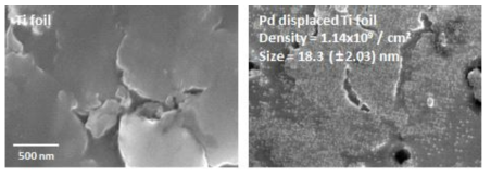 PdCl2와 HF가 포함된 용액 내에서 갈바닉 치환반응을 거친 Ti foil의 반응 전 후 표면 전자현미경 분석.
