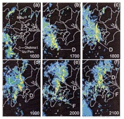 Hourly PPI radar reflectivity map derived from Tokyo radar between 1600 and 2100 JST 19 Sep.