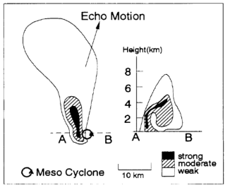 A schematic of horizontal (left) and vertical (right) sections of mini-supercell. Mesocyclone is located near the southeastern edge of the strong reflectivity core.