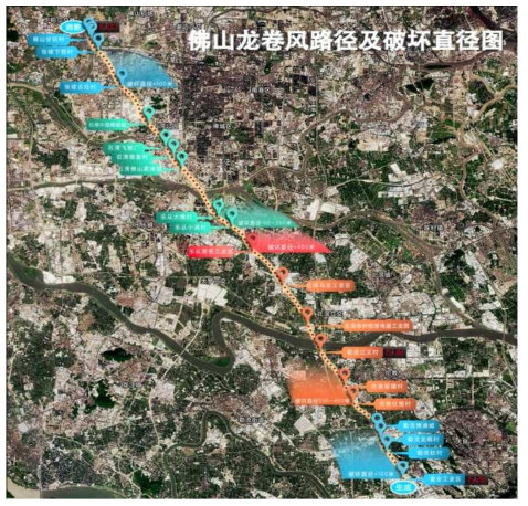 A map for tornado track and destruction diameter Foshanshi in China (Oct. 4. 2015) Destruction diameters are described in the range of smaller than 100 m (blue), 100~200 m (green), 200~400 m (orange), and larger than 400 m (red)._From Foshanshi Meteorological Agency.