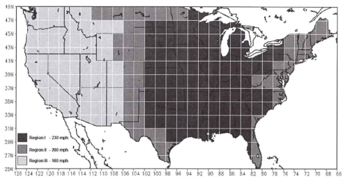 Tornado intensity regions for the contiguous United States for exceedance probabilities of 10-7 per year.