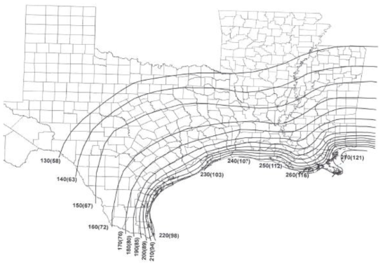 Design-basis hurricane windspeeds for the Western Gulf of Mexico U.S. coastline representing exceedance probabilities of 10-7 per year.