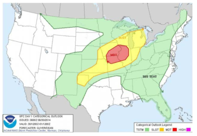 Predicted thunderstorm product by NOAA’s Storm Prediction Center