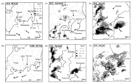 Precipitation intensity distribution of storms A and B observed by Mount Fuji, Tokyo, Heneda, and Narita radars.