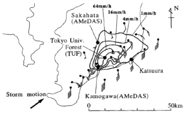 The precipitation intensity of storm A at 2 km AGL derived from Haneda radar at 1800 JST, together with the wind data at Kamogawa and Sakahata AMeDAS stations, Katsuura Observatory of JMA, and TUF.