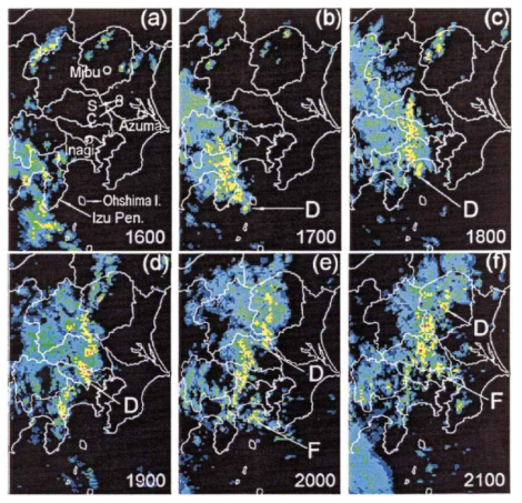 Hourly PPI radar reflectivity map derived from Tokyo radar between 1600 and 2400 JST 19 Sep.