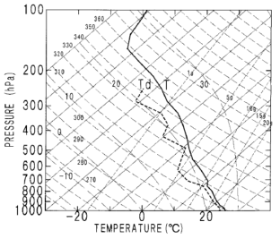 Skew T-log p diagram of temperature and dew-point temperature.