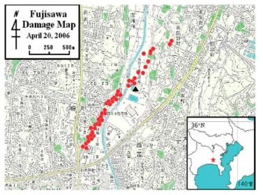 Damage map of Fujisawa. A triangle denotes the location of the weather observation site. A star mark in the small square denotes the location of Fujisawa City.