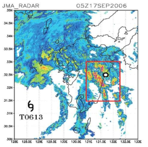 JMA-Radar echo image at 05UTC on 17 Sep. 2006, corresponding to the closest time for the outbreak of tornado (F2) in Nobeoka of Miyazaki prefecture