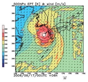 The distributions of equivalent potential temperature[K] (color) and wind (vector) on 500 hPa at 06UTC on 17 Sep.