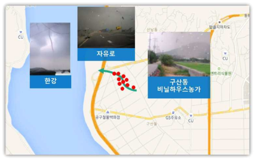 A tornado damage track map at Goyang.