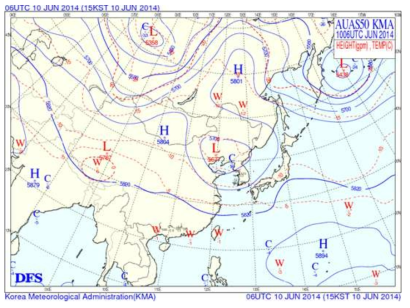 500hPa chart on 1006 UTC JUN 2014 for the Goyang tornado case.