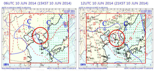 850hPa charts, 1500KST (left panel) and 2100KST (right panel) on 10 JUN 2014 (from KMA). Inside the red circle, a thermal ridge is identified at each time.