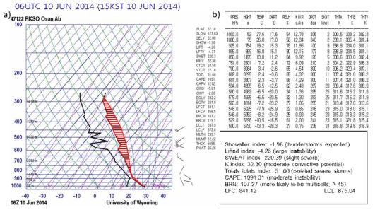a) Skew T-logP diagram and b) sounding data and several Indices analyses on 1500KST 10 JUN 2014(From U. of Wyoming)
