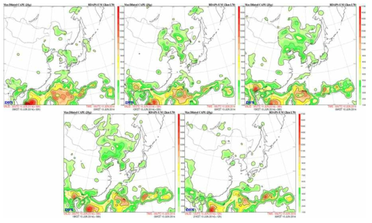 CAPE analysis from RDAPS at 09KST, 12KST and 15KST (upper panel from left to right, respectively), and 18KST and 21KST (lower panel from left to right, respectively). From KMA.