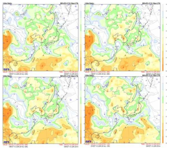 Lifted index analysis from RDAPS at 12KST and 15KST (upper panel from left to right, respectively), and 18KST and 21KST (lower panel from left to right, respectively).
