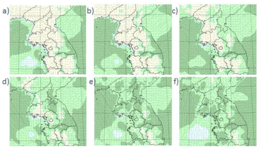 The UM analysis fields of surface streamline and relative humidity from 1700KST to 2200KST in an interval of 1 hour