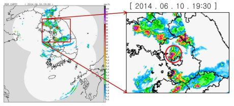 Radar reflectivity at 1930KST on 10 JUN 2014.