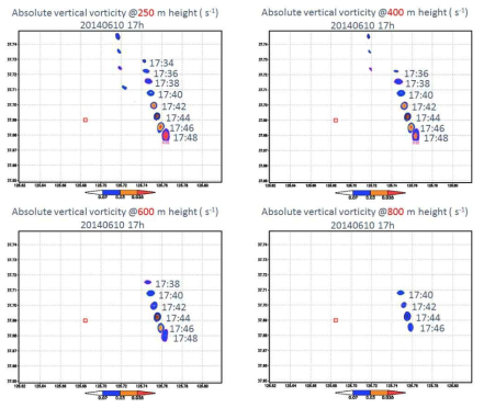 Absolute vertical vorticity at 250m, 400m, 600m and 800m by WRF simulation.