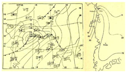 Weather chart and dew point line at 21 KST 12 SEP 1963.