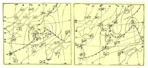 Weather chart at 02 KST (left) and 09 KST (right) on 13 SEP 1963.