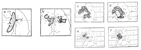 Rainfall (mm) estimated from radar echo on a) 00GMT 10 and b) 00GMT 12, October 1989, and lightning area on c) 1049KST, d) 1130KST, 1245KST and d) 1352KST, on 12 October 1989.